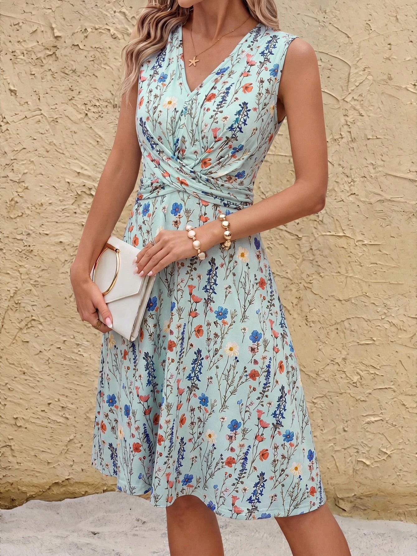 Clasi Women's Sleeveless Twist Waist A-Line Floral Print Summer Vacation Dress, Suitable For Daily Wear In Multiple Occasions,Summer Dresses For Women