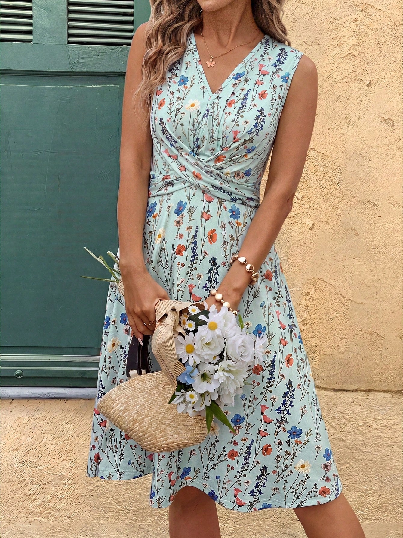 Clasi Women's Sleeveless Twist Waist A-Line Floral Print Summer Vacation Dress, Suitable For Daily Wear In Multiple Occasions,Summer Dresses For Women