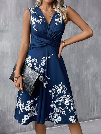 Clasi Women's Sleeveless Twist Waist A-Line Floral Print Summer Vacation Dress, Suitable For Daily Wear In Multiple Occasions,Summer Dresses For Women