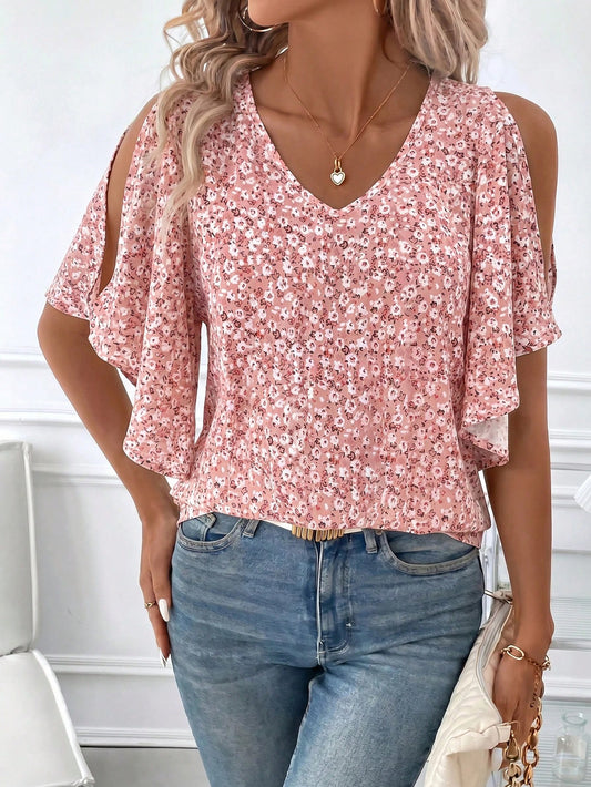 Clasi Women's Summer Floral Off-Shoulder Blouse, Elegant Fairycore Cute Boho For Vacation And Party Vacation Vacation Wear Pink Floral