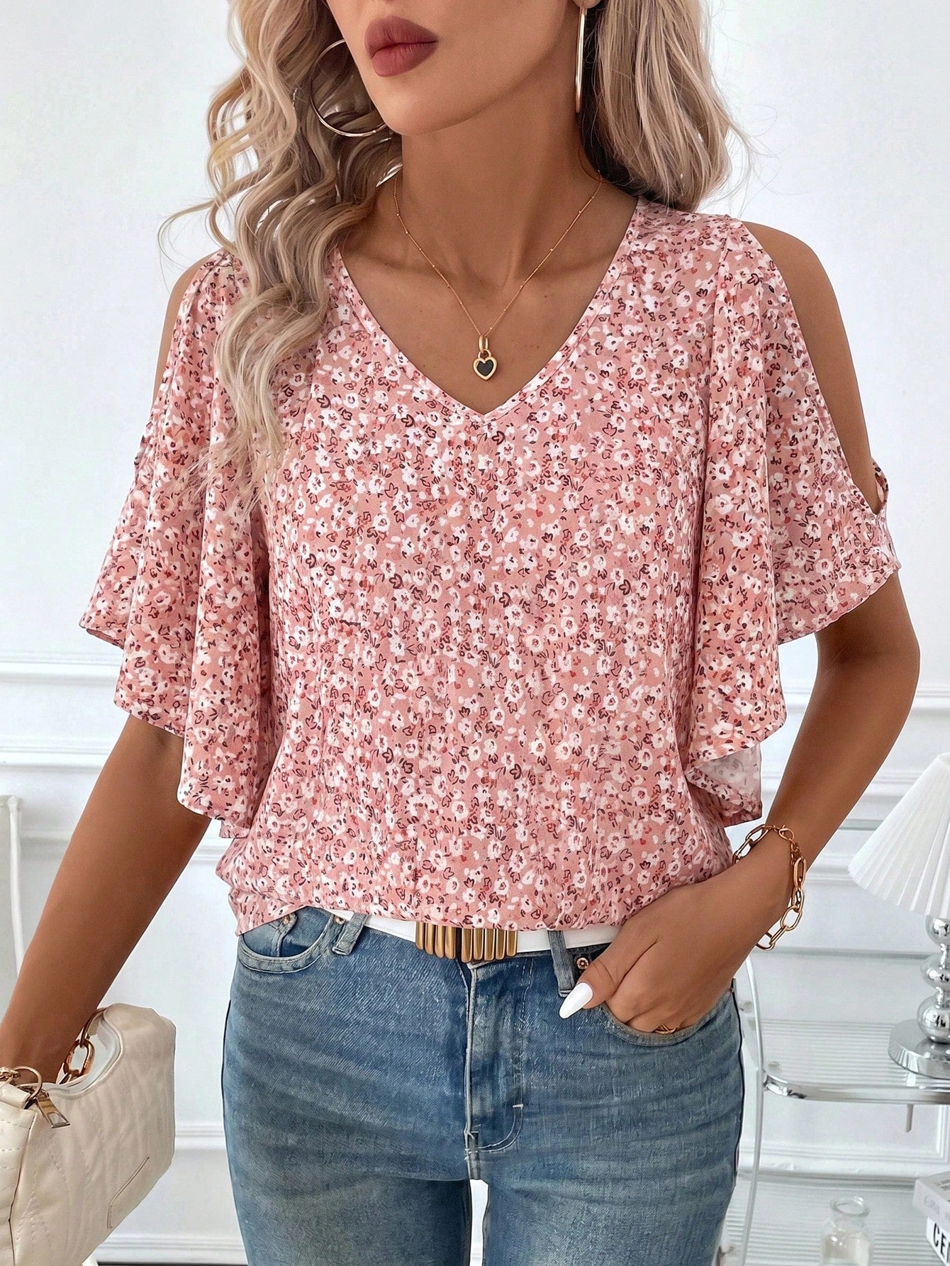 Clasi Women's Summer Floral Off-Shoulder Blouse, Elegant Fairycore Cute Boho For Vacation And Party Vacation Vacation Wear Pink Floral