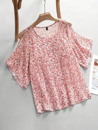Clasi Women's Summer Floral Off-Shoulder Blouse, Elegant Fairycore Cute Boho For Vacation And Party Vacation Vacation Wear Pink Floral