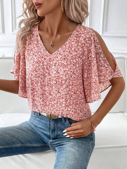Clasi Women's Summer Floral Off-Shoulder Blouse, Elegant Fairycore Cute Boho For Vacation And Party Vacation Vacation Wear Pink Floral
