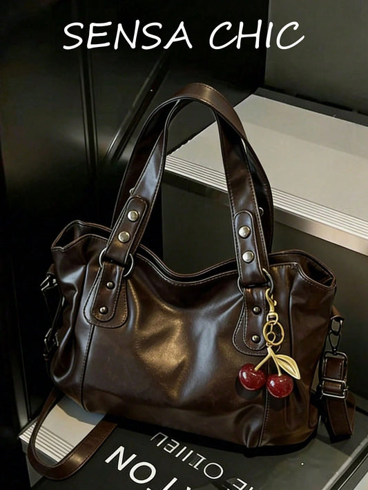 Classic Fashionable New Solid Color Shoulder Bag Large Capacity Vintage PU Material, Ideal Choice For Women's Commuter Bags, Work To Weekend