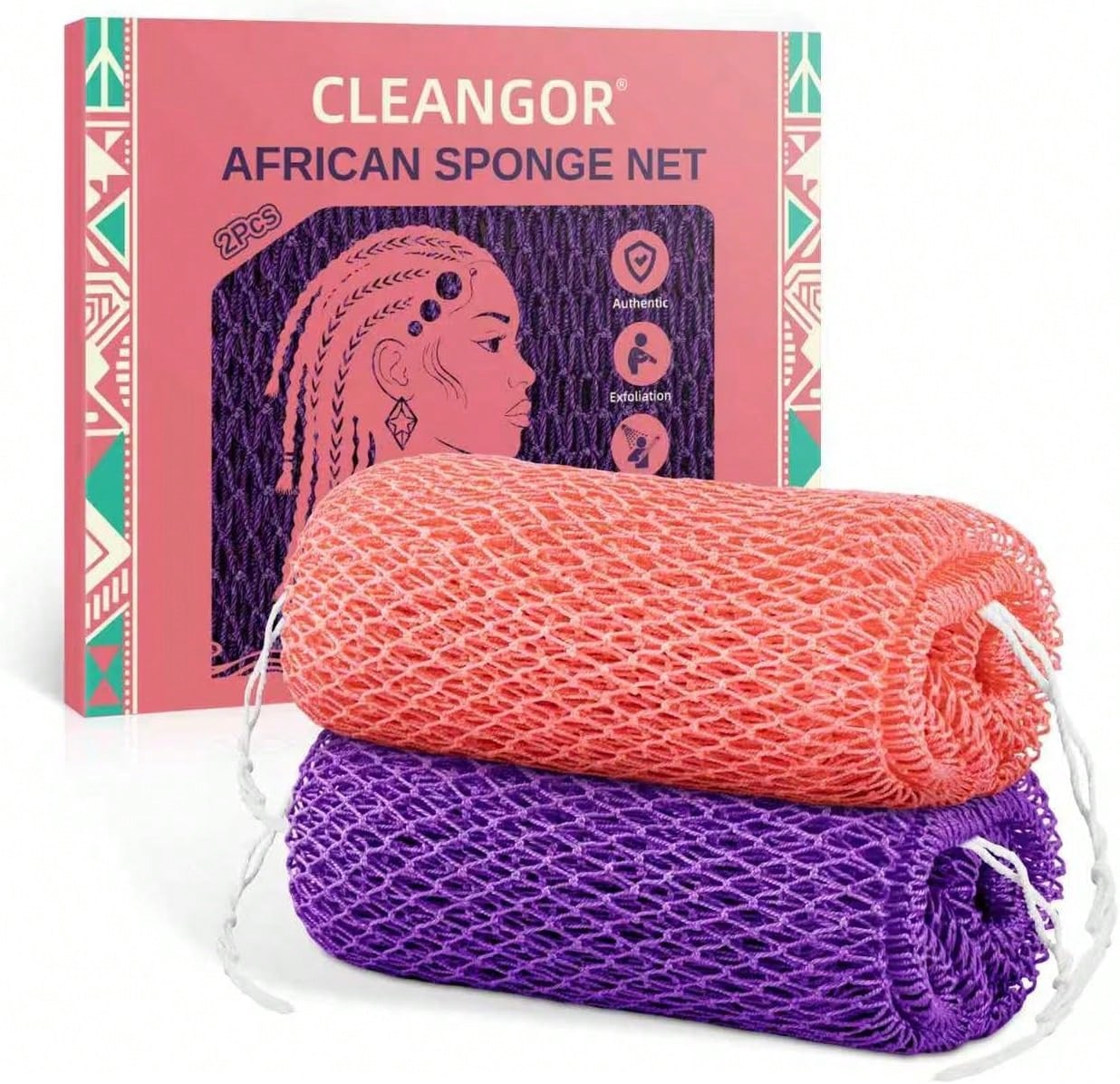 Cleangor 2Pcs African Net Sponge Authentic With Knots- Exfoliating Body| Scrubber For All Skin Types, African Bath Sponge, Wash Cloth, Gentle