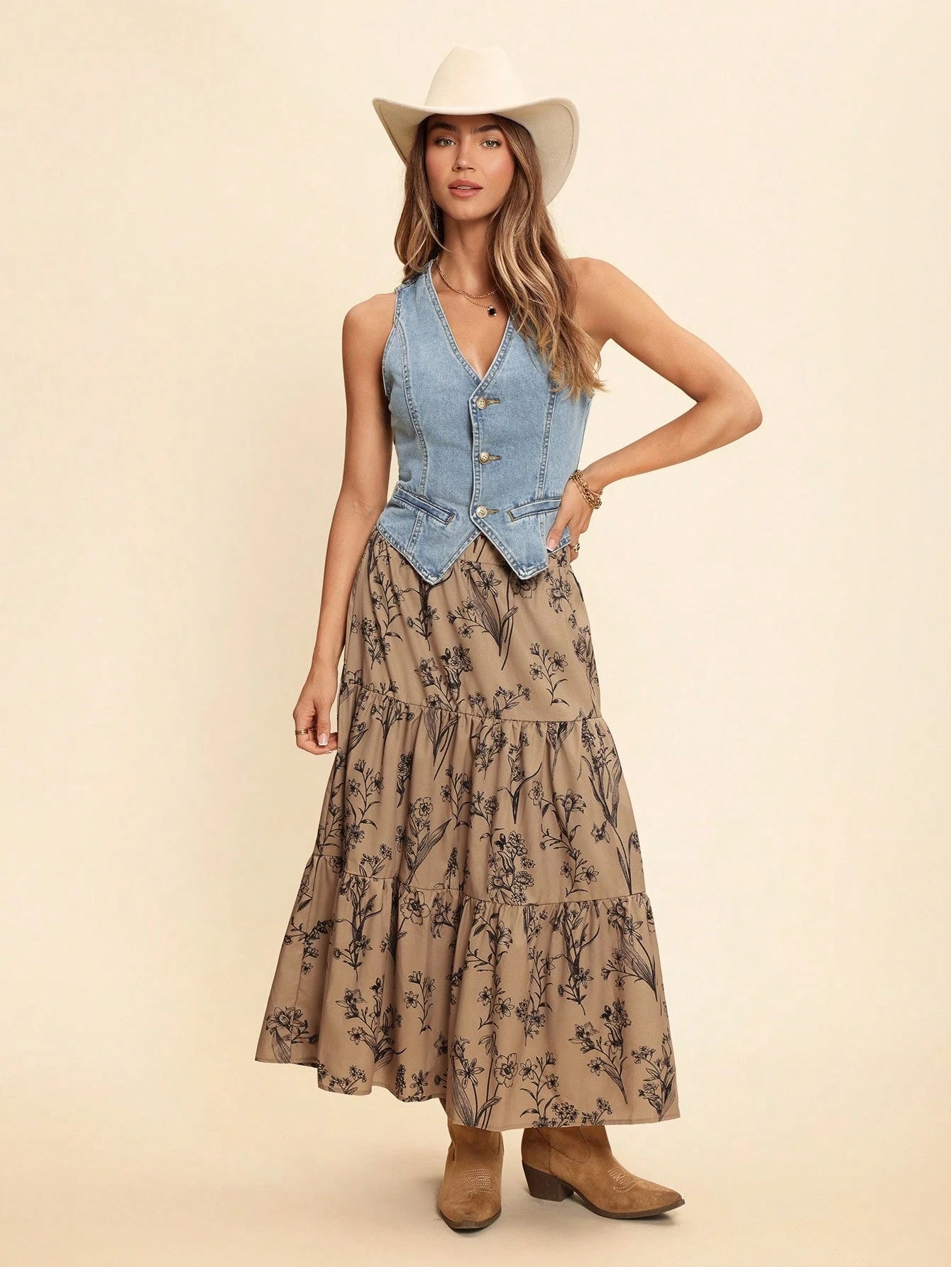 Coeurva Resort Style High Waist Loose Fit Botanical Printed Multi-Layered Ruffled Ruffle Hem Women Skirts