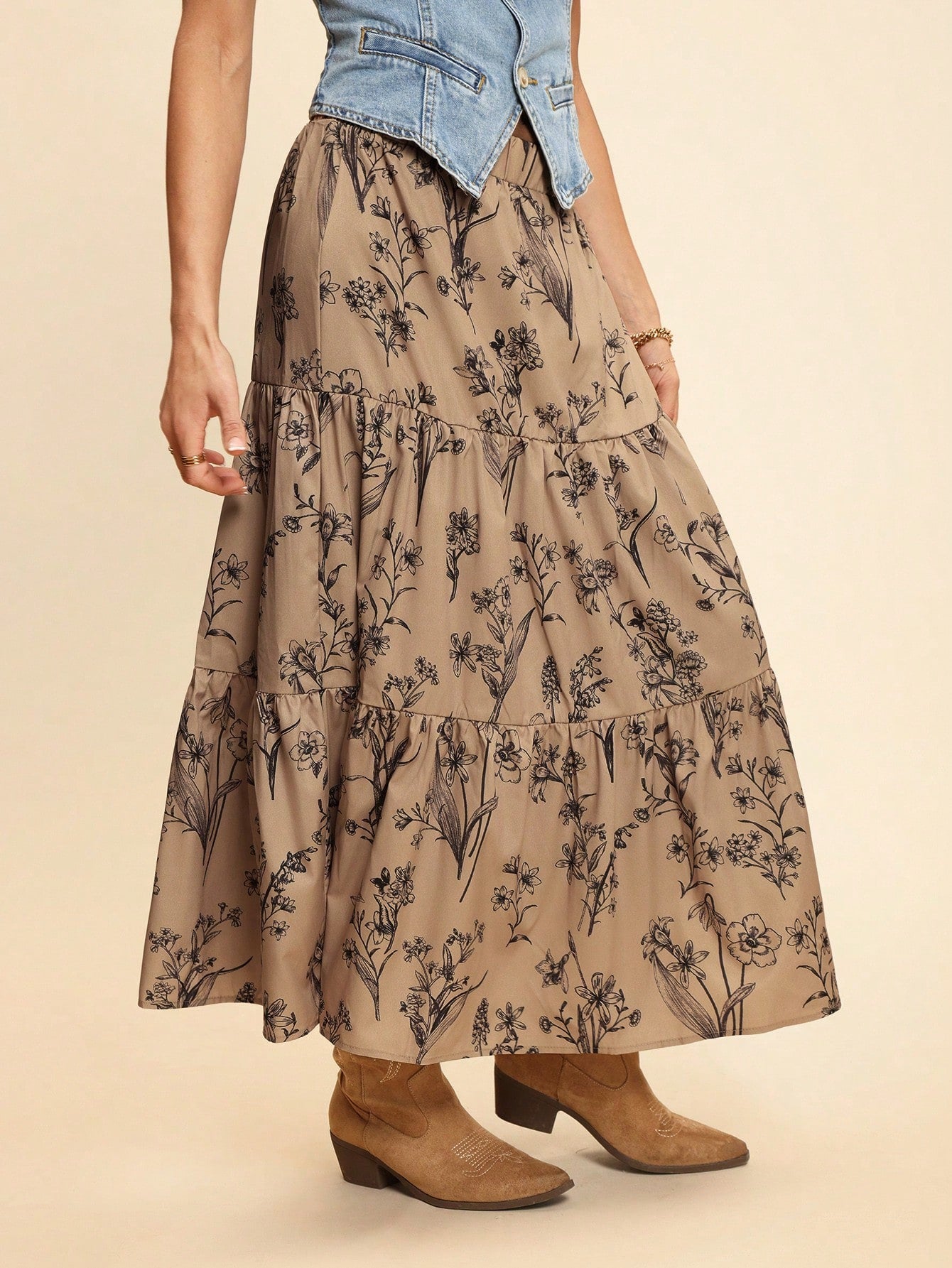 Coeurva Resort Style High Waist Loose Fit Botanical Printed Multi-Layered Ruffled Ruffle Hem Women Skirts