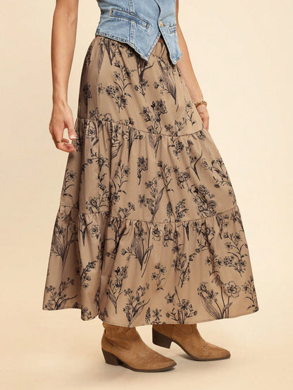 Coeurva Resort Style High Waist Loose Fit Botanical Printed Multi-Layered Ruffled Ruffle Hem Women Skirts