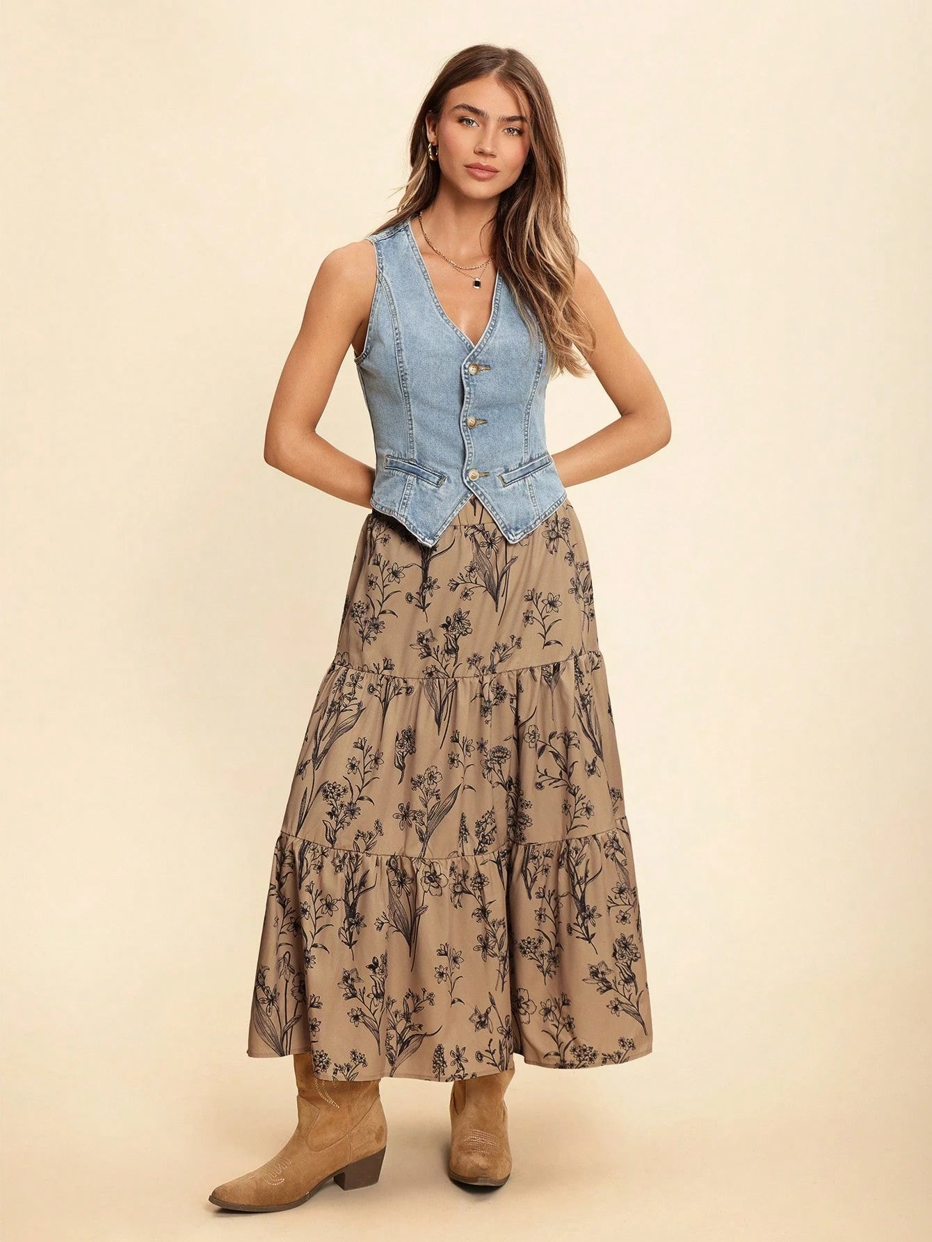 Coeurva Resort Style High Waist Loose Fit Botanical Printed Multi-Layered Ruffled Ruffle Hem Women Skirts