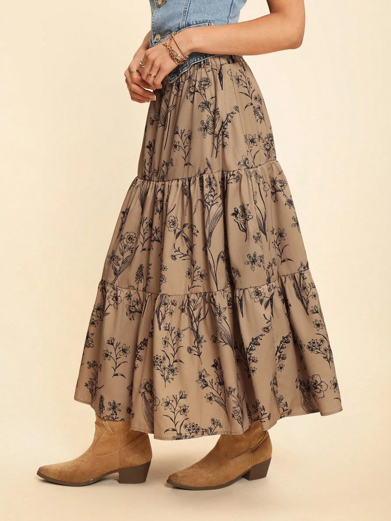 Coeurva Resort Style High Waist Loose Fit Botanical Printed Multi-Layered Ruffled Ruffle Hem Women Skirts
