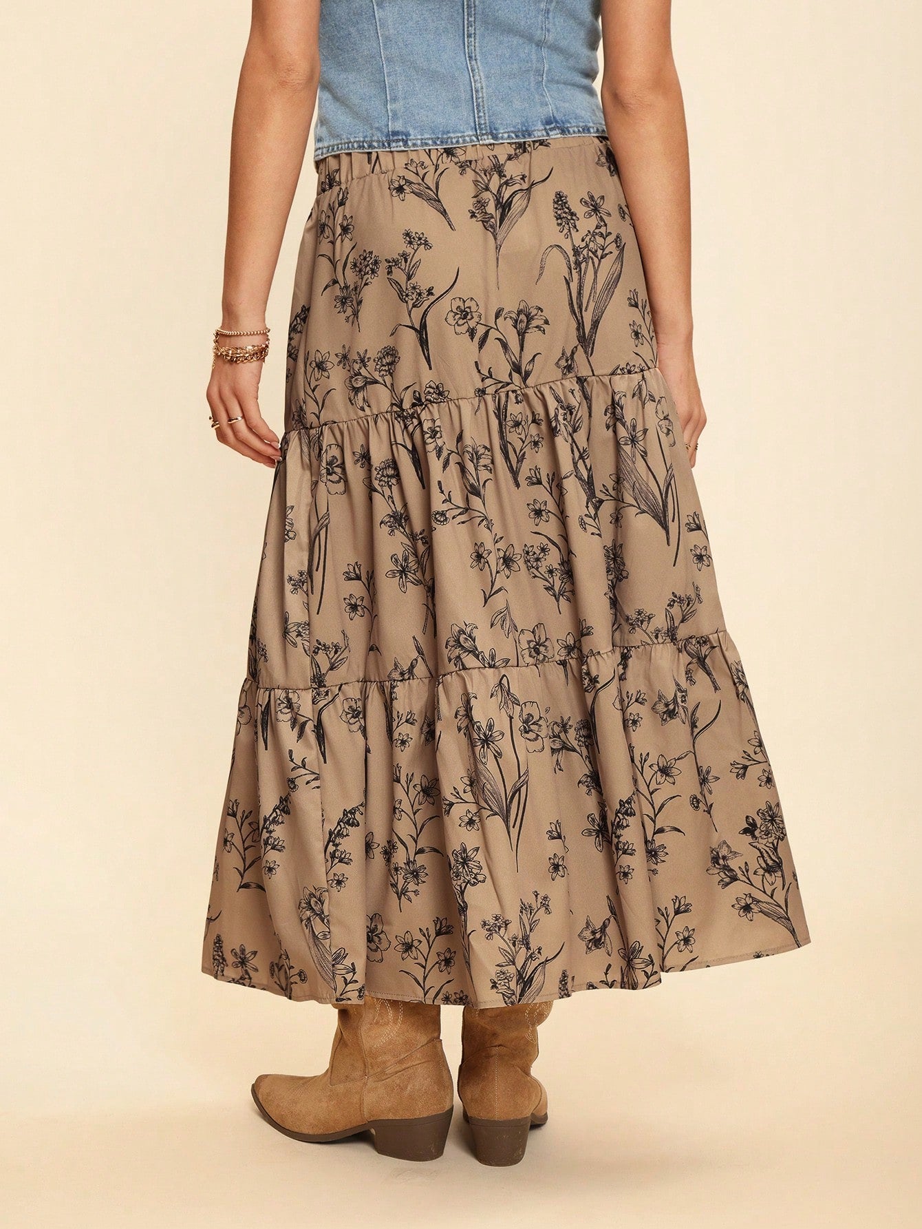 Coeurva Resort Style High Waist Loose Fit Botanical Printed Multi-Layered Ruffled Ruffle Hem Women Skirts