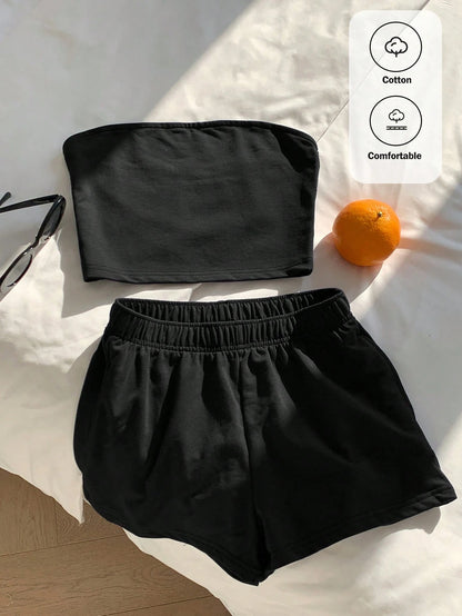 Comfortcana 2pcs Women Casual Solid Black Top/Camisole And Shorts Set, Comfortable Home Outfit, Shorts Set, Women Comfy 2-Piece Set, 2-Piece Summer Outfit