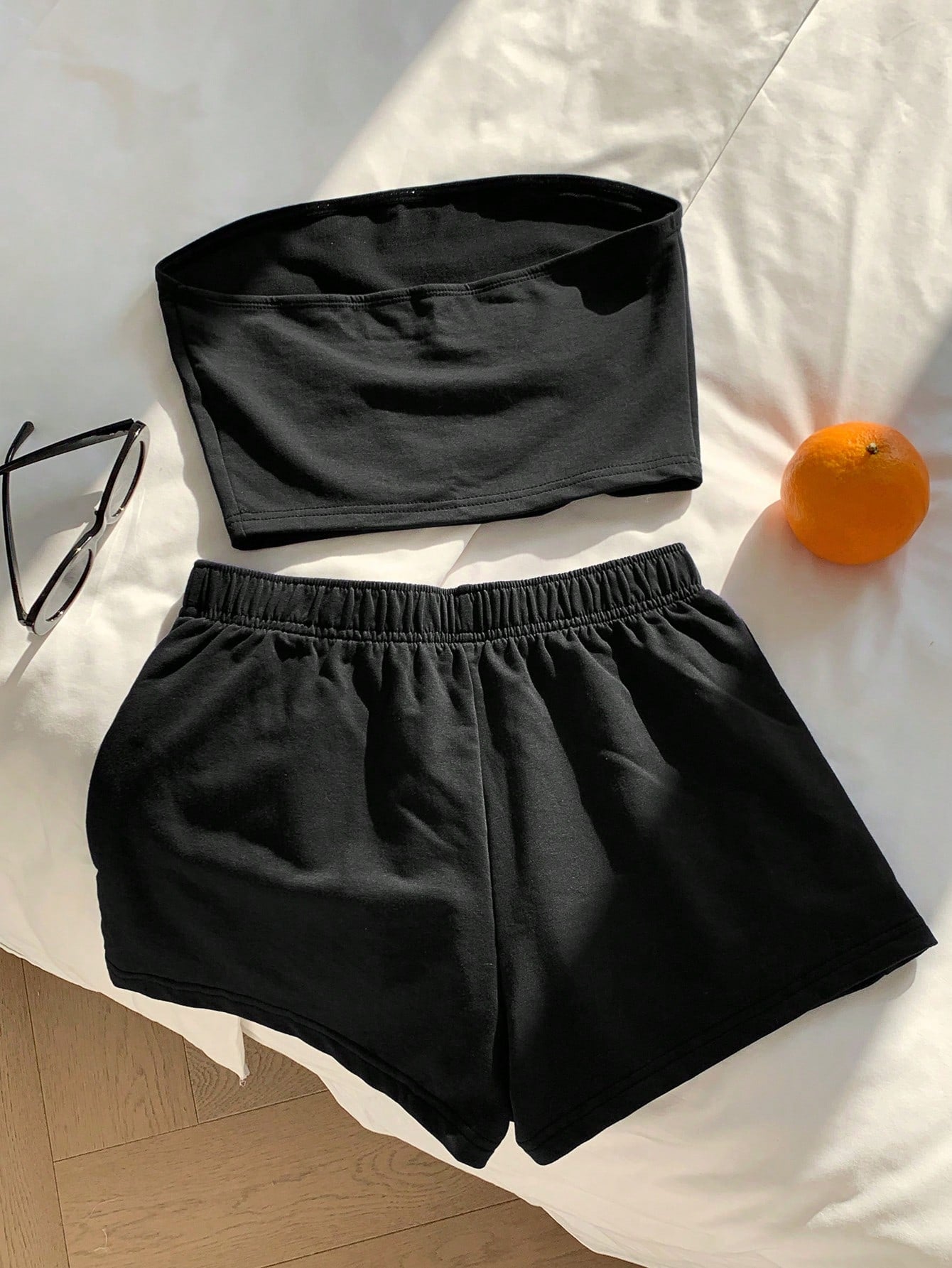 Comfortcana 2pcs Women Casual Solid Black Top/Camisole And Shorts Set, Comfortable Home Outfit, Shorts Set, Women Comfy 2-Piece Set, 2-Piece Summer Outfit
