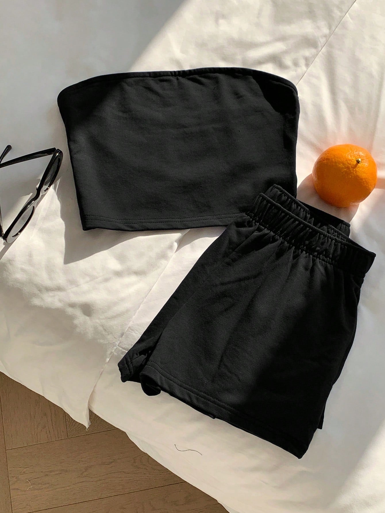 Comfortcana 2pcs Women Casual Solid Black Top/Camisole And Shorts Set, Comfortable Home Outfit, Shorts Set, Women Comfy 2-Piece Set, 2-Piece Summer Outfit