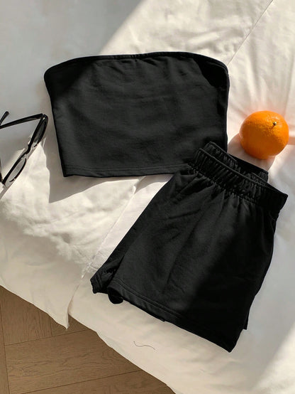 Comfortcana 2pcs Women Casual Solid Black Top/Camisole And Shorts Set, Comfortable Home Outfit, Shorts Set, Women Comfy 2-Piece Set, 2-Piece Summer Outfit