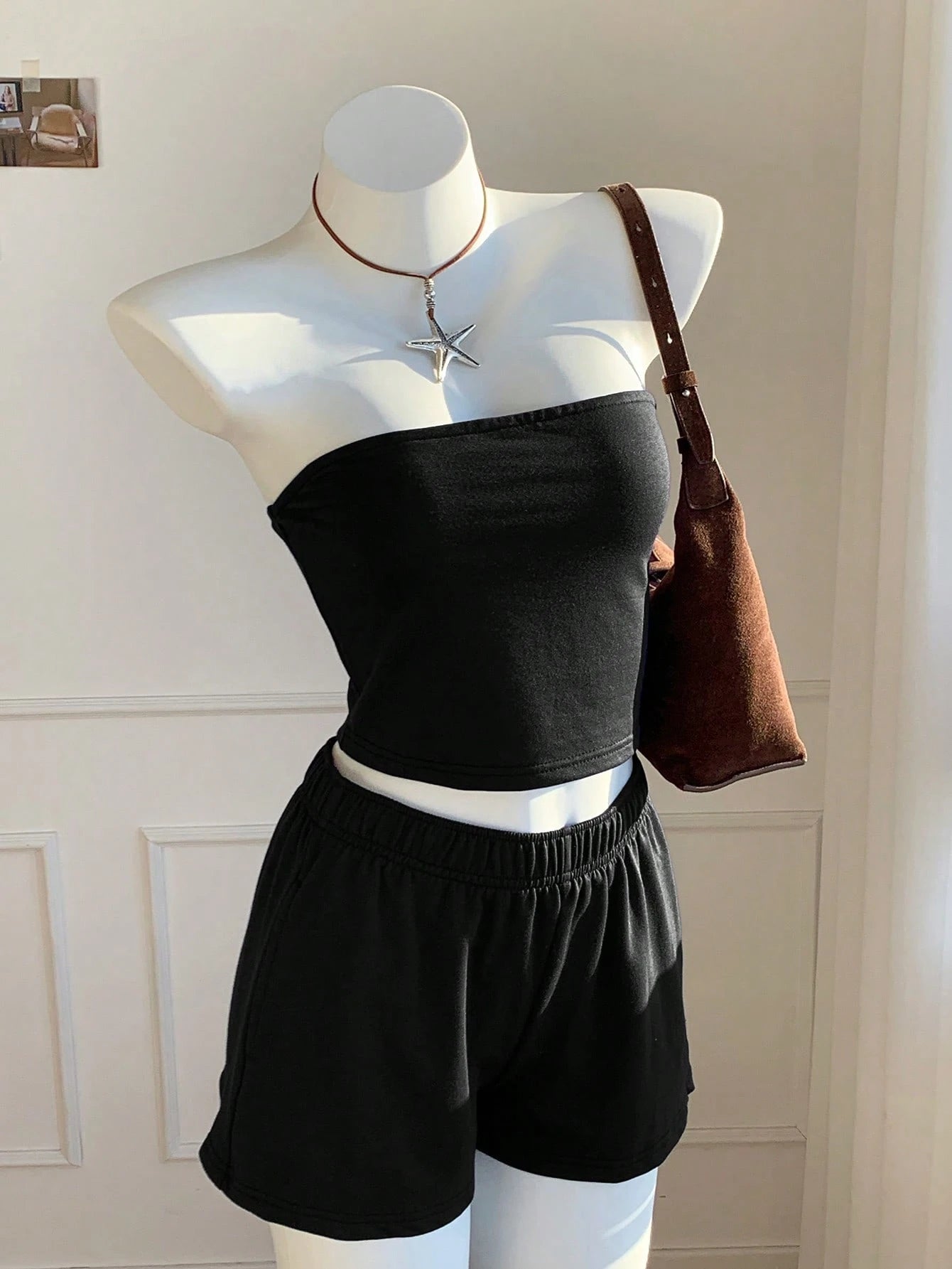 Comfortcana 2pcs Women Casual Solid Black Top/Camisole And Shorts Set, Comfortable Home Outfit, Shorts Set, Women Comfy 2-Piece Set, 2-Piece Summer Outfit