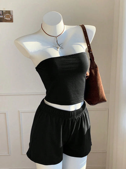 Comfortcana 2pcs Women Casual Solid Black Top/Camisole And Shorts Set, Comfortable Home Outfit, Shorts Set, Women Comfy 2-Piece Set, 2-Piece Summer Outfit