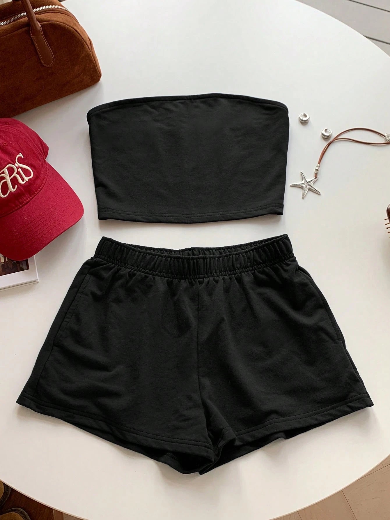 Comfortcana 2pcs Women Casual Solid Black Top/Camisole And Shorts Set, Comfortable Home Outfit, Shorts Set, Women Comfy 2-Piece Set, 2-Piece Summer Outfit