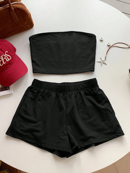 Comfortcana 2pcs Women Casual Solid Black Top/Camisole And Shorts Set, Comfortable Home Outfit, Shorts Set, Women Comfy 2-Piece Set, 2-Piece Summer Outfit