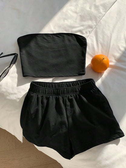 Comfortcana 2pcs Women Casual Solid Black Top/Camisole And Shorts Set, Comfortable Home Outfit, Shorts Set, Women Comfy 2-Piece Set, 2-Piece Summer Outfit