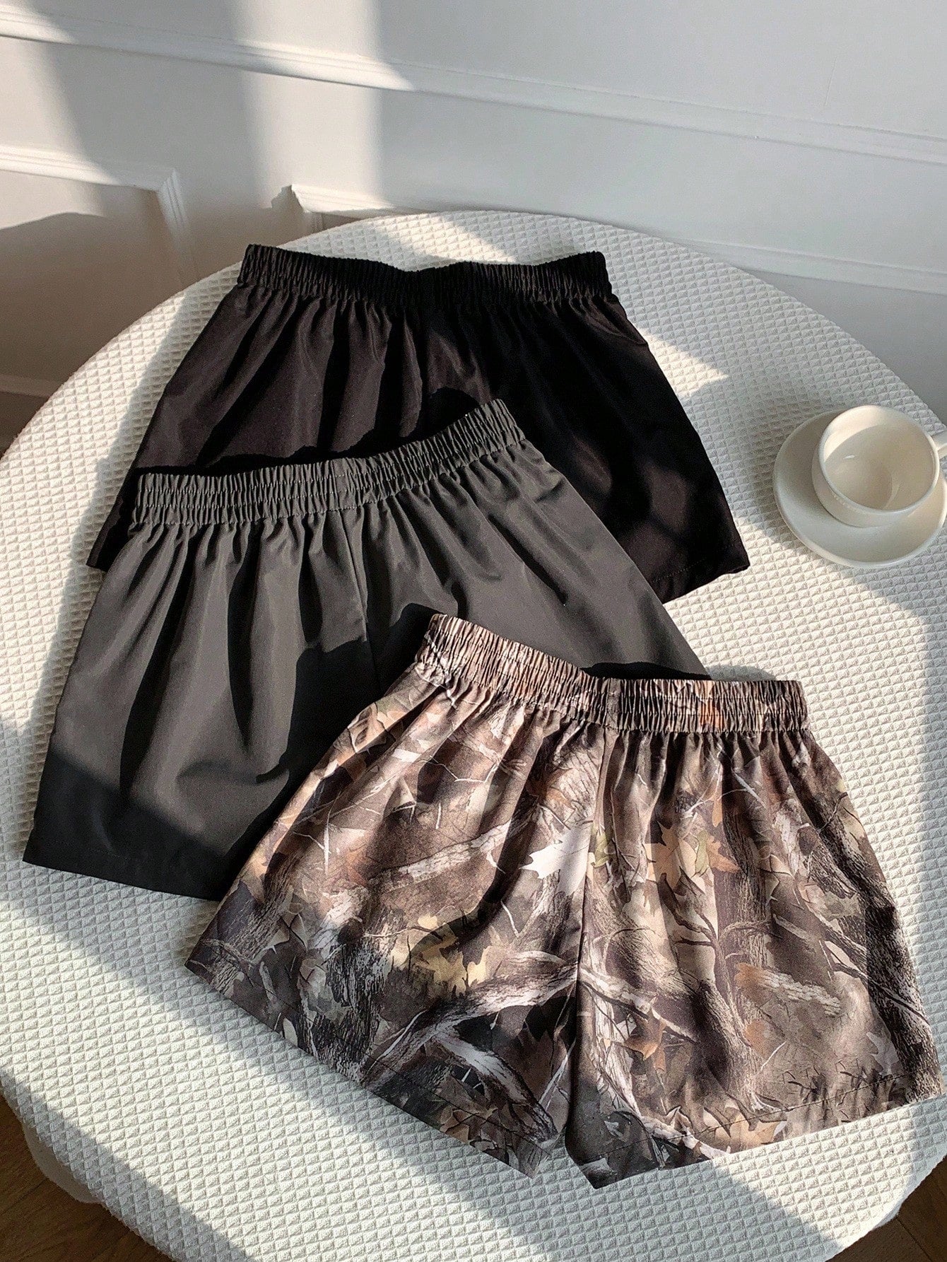 Comfortcana 3pcs Women's Casual Athletic Shorts In Woven Fabric Shorts Pack Camo Print Workout Black Grey Bottomland Camo Summer
