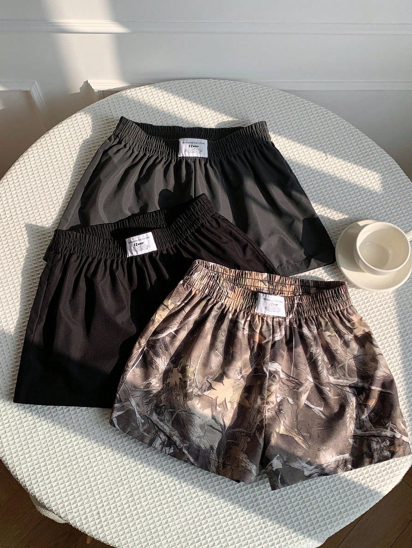 Comfortcana 3pcs Women's Casual Athletic Shorts In Woven Fabric Shorts Pack Camo Print Workout Black Grey Bottomland Camo Summer