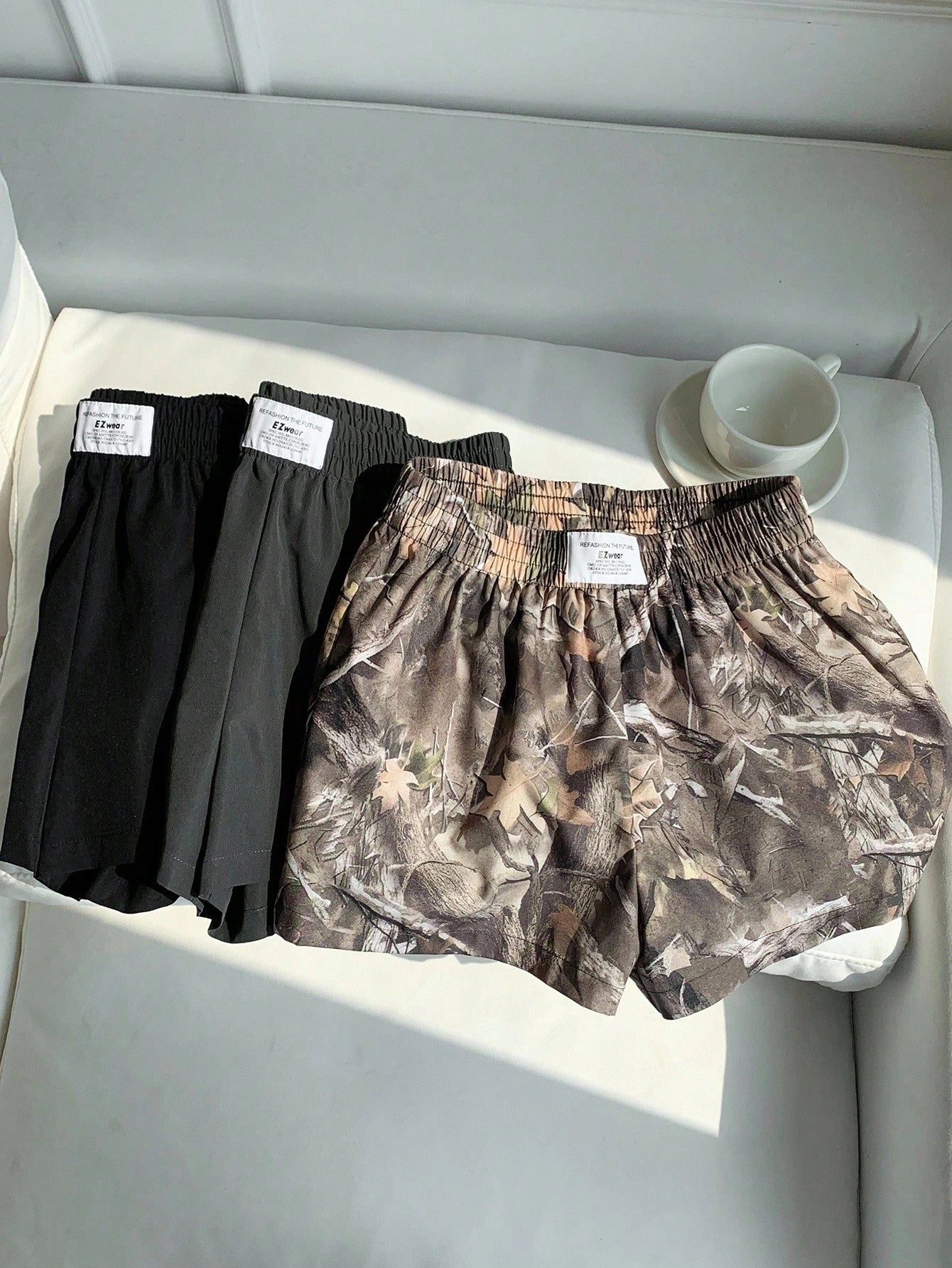 Comfortcana 3pcs Women's Casual Athletic Shorts In Woven Fabric Shorts Pack Camo Print Workout Black Grey Bottomland Camo Summer