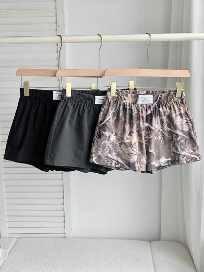 Comfortcana 3pcs Women's Casual Athletic Shorts In Woven Fabric Shorts Pack Camo Print Workout Black Grey Bottomland Camo Summer