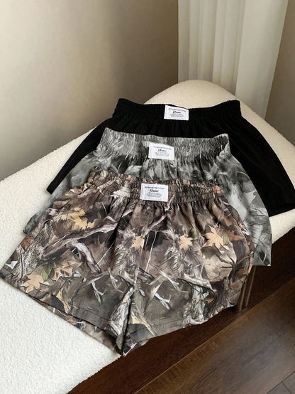 Comfortcana 3pcs Women's Casual Athletic Shorts In Woven Fabric Shorts Pack Camo Print Workout Black Grey Bottomland Camo Summer