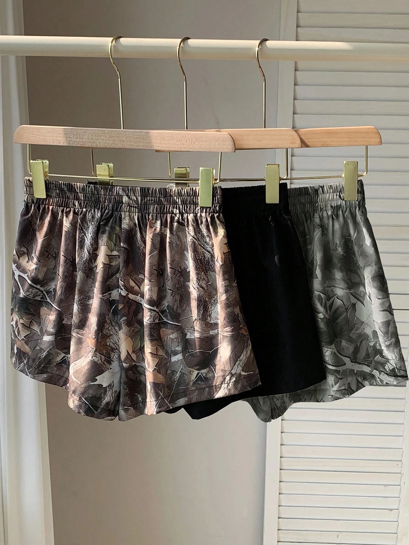 Comfortcana 3pcs Women's Casual Athletic Shorts In Woven Fabric Shorts Pack Camo Print Workout Black Grey Bottomland Camo Summer