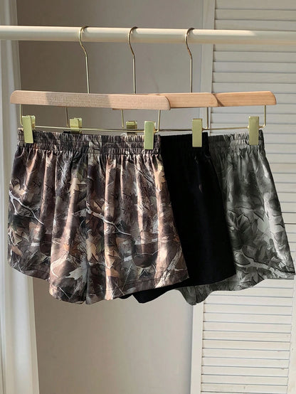 Comfortcana 3pcs Women's Casual Athletic Shorts In Woven Fabric Shorts Pack Camo Print Workout Black Grey Bottomland Camo Summer