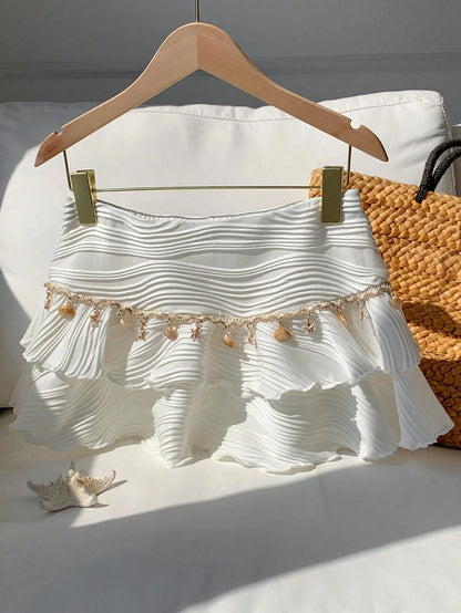 Comfortcana White Summer Boho Beach Vacation Holiday Women's Double Layered Cake Skirt,Textured Fabric Ruffle Skirts With Ocean Chain,Elegant Party
