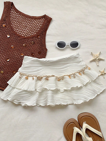 Comfortcana White Summer Boho Beach Vacation Holiday Women's Double Layered Cake Skirt,Textured Fabric Ruffle Skirts With Ocean Chain,Elegant Party