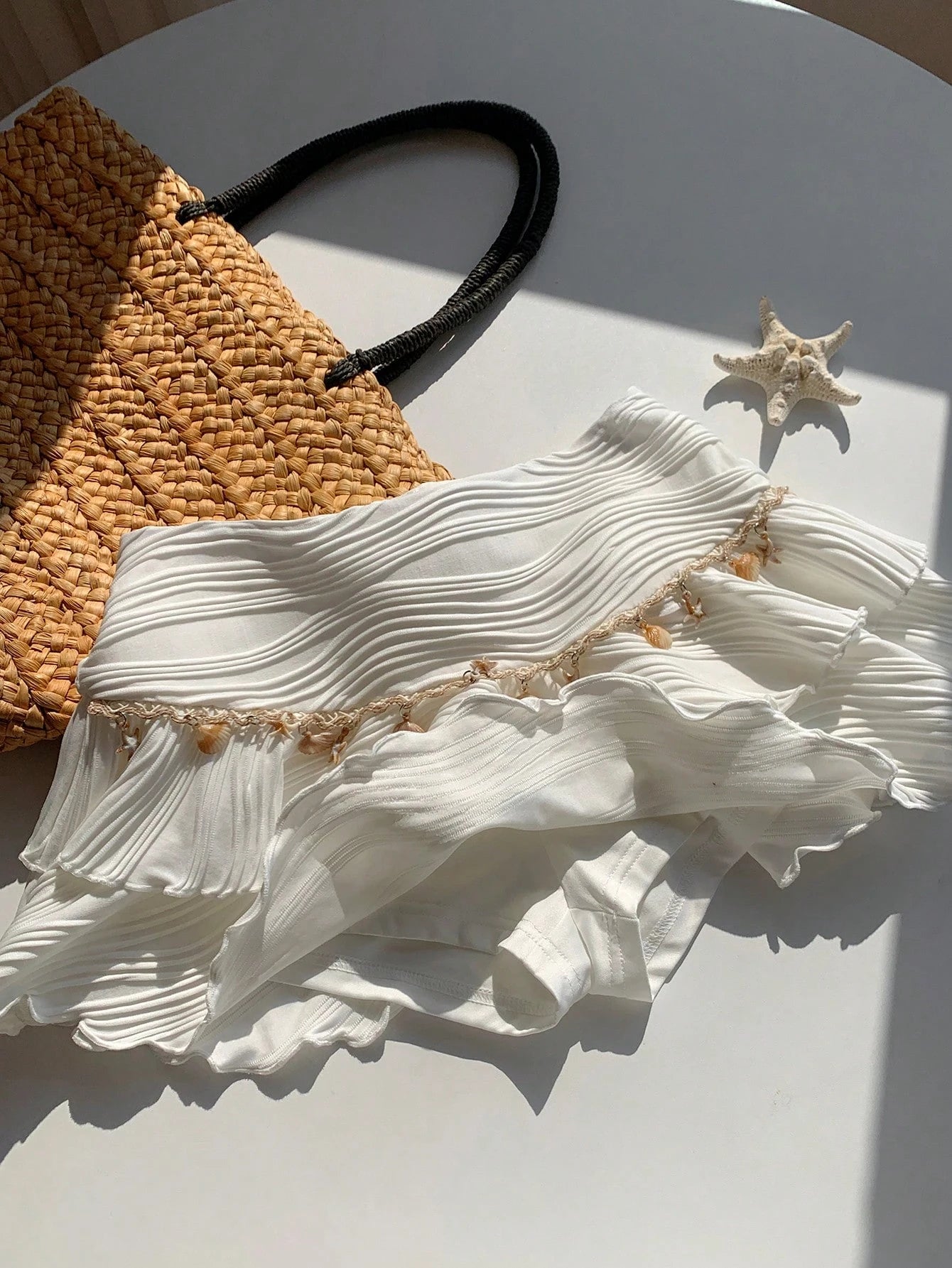 Comfortcana White Summer Boho Beach Vacation Holiday Women's Double Layered Cake Skirt,Textured Fabric Ruffle Skirts With Ocean Chain,Elegant Party