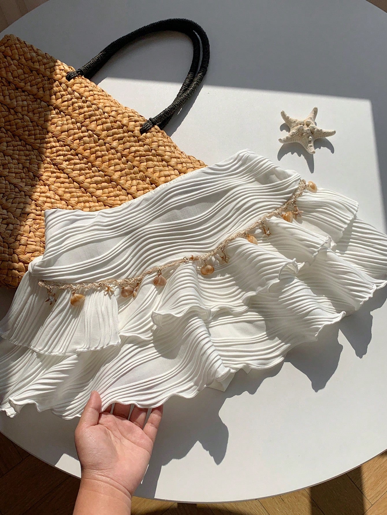 Comfortcana White Summer Boho Beach Vacation Holiday Women's Double Layered Cake Skirt,Textured Fabric Ruffle Skirts With Ocean Chain,Elegant Party