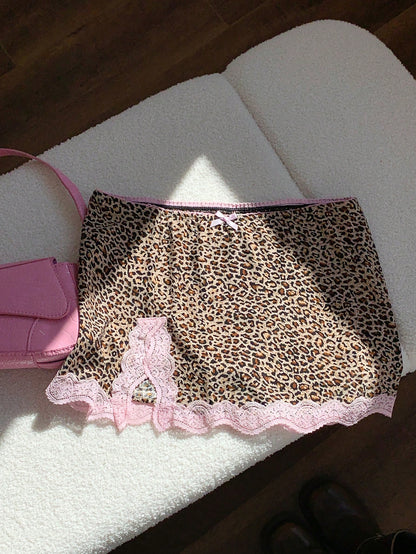 Comfortcana Women's Autumn Fashionable Leopard Print Contrast Lace Skirt Woman Skirts Women Skort Night Light Beige Sexy