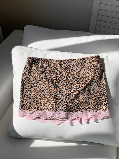 Comfortcana Women's Autumn Fashionable Leopard Print Contrast Lace Skirt Woman Skirts Women Skort Night Light Beige Sexy