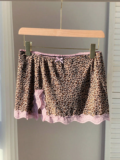 Comfortcana Women's Autumn Fashionable Leopard Print Contrast Lace Skirt Woman Skirts Women Skort Night Light Beige Sexy
