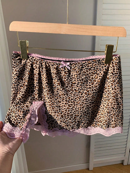 Comfortcana Women's Autumn Fashionable Leopard Print Contrast Lace Skirt Woman Skirts Women Skort Night Light Beige Sexy
