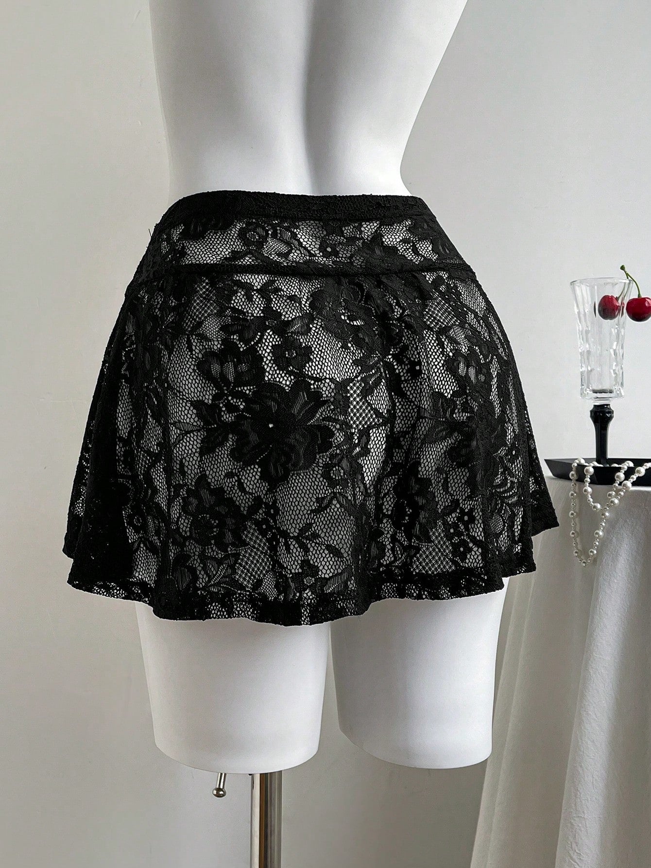 Comfortcana Women's Black Lace Mini Skirt: Casual Disco Sexy Flowy Semi-Sheer Knitted Skirt With Ruffle Hem Detail Party Night Summer