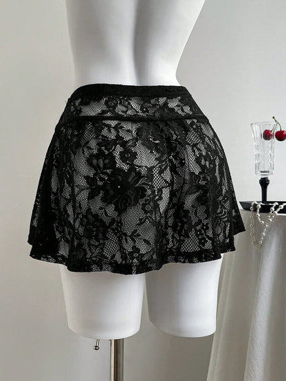 Comfortcana Women's Black Lace Mini Skirt: Casual Disco Sexy Flowy Semi-Sheer Knitted Skirt With Ruffle Hem Detail Party Night Summer