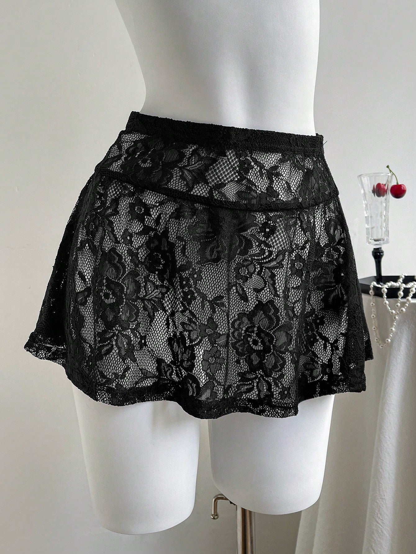 Comfortcana Women's Black Lace Mini Skirt: Casual Disco Sexy Flowy Semi-Sheer Knitted Skirt With Ruffle Hem Detail Party Night Summer