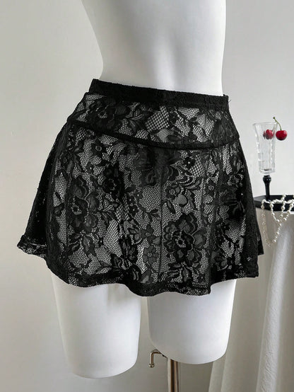 Comfortcana Women's Black Lace Mini Skirt: Casual Disco Sexy Flowy Semi-Sheer Knitted Skirt With Ruffle Hem Detail Party Night Summer