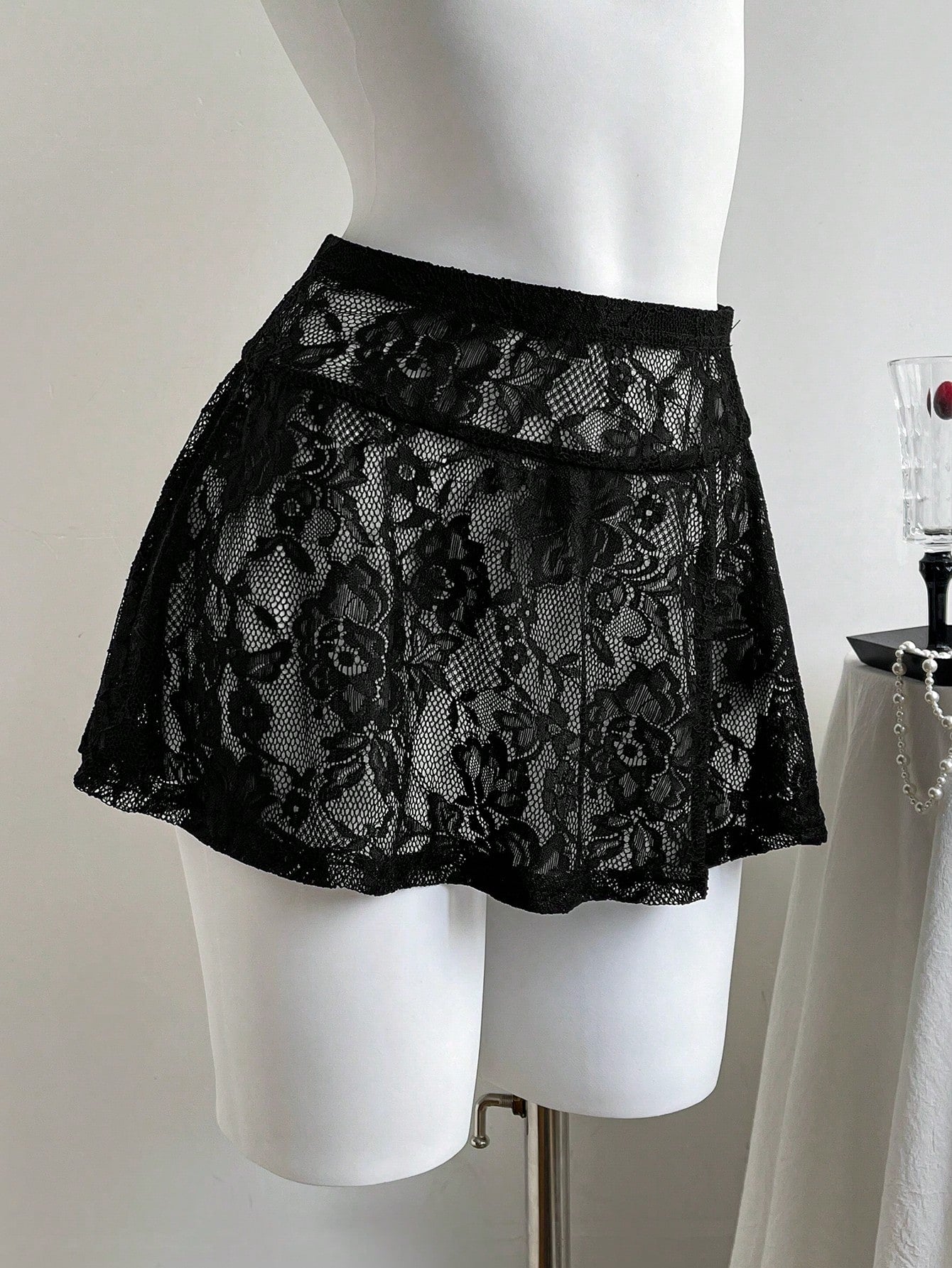 Comfortcana Women's Black Lace Mini Skirt: Casual Disco Sexy Flowy Semi-Sheer Knitted Skirt With Ruffle Hem Detail Party Night Summer