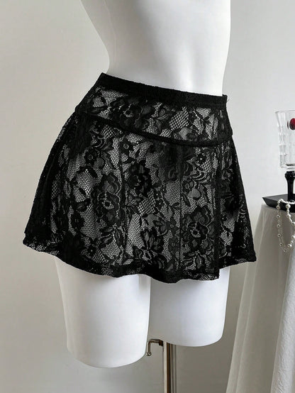 Comfortcana Women's Black Lace Mini Skirt: Casual Disco Sexy Flowy Semi-Sheer Knitted Skirt With Ruffle Hem Detail Party Night Summer