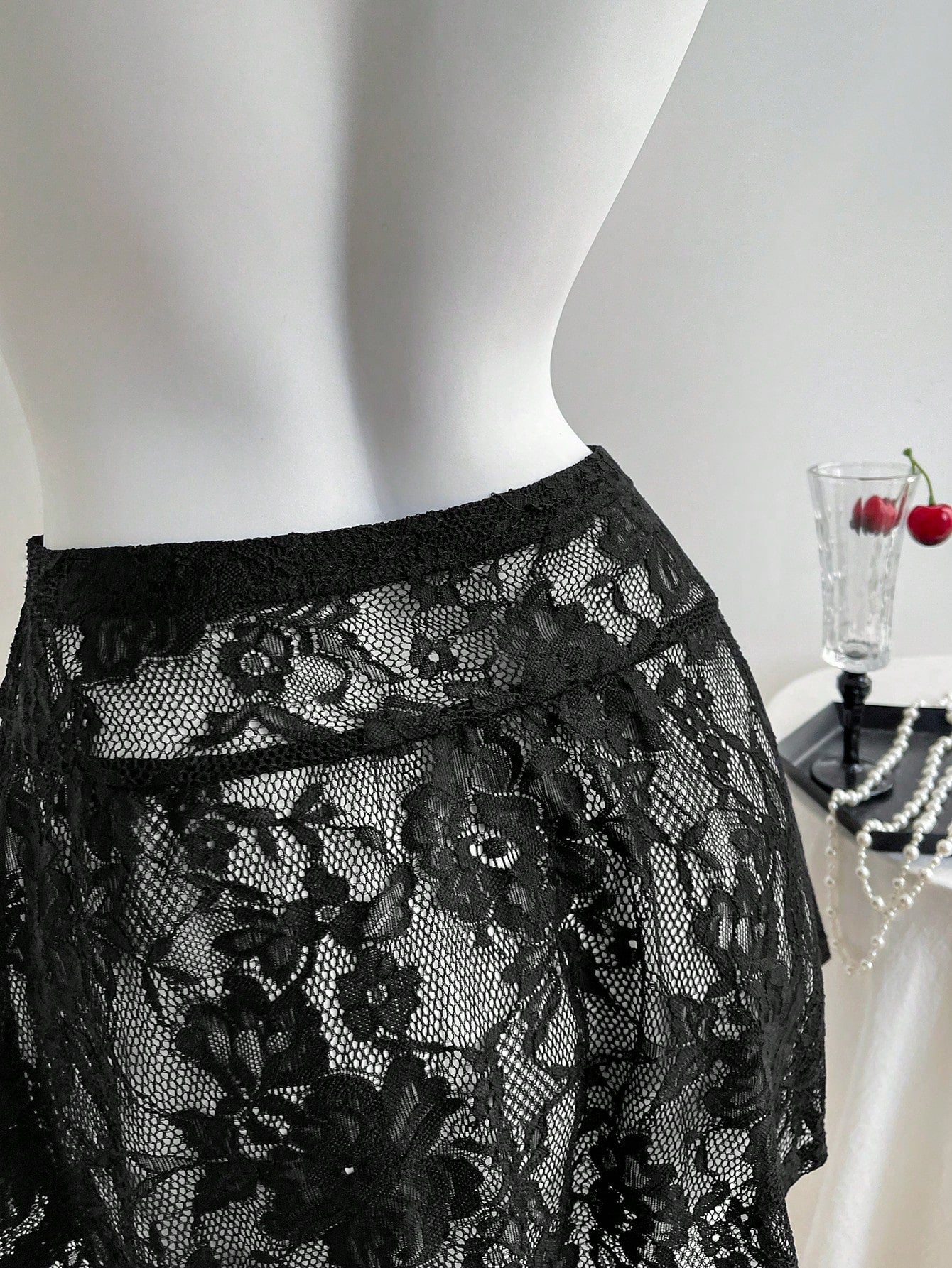 Comfortcana Women's Black Lace Mini Skirt: Casual Disco Sexy Flowy Semi-Sheer Knitted Skirt With Ruffle Hem Detail Party Night Summer