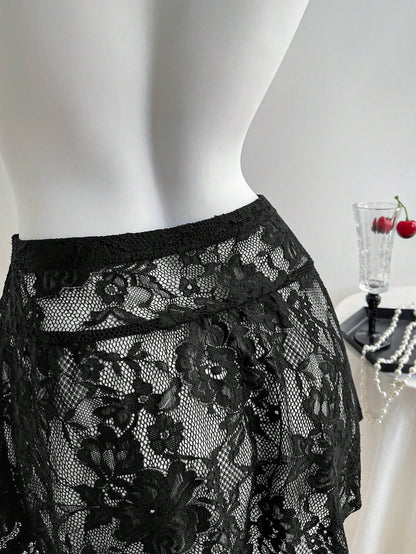 Comfortcana Women's Black Lace Mini Skirt: Casual Disco Sexy Flowy Semi-Sheer Knitted Skirt With Ruffle Hem Detail Party Night Summer