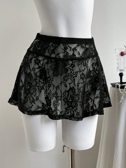 Comfortcana Women's Black Lace Mini Skirt: Casual Disco Sexy Flowy Semi-Sheer Knitted Skirt With Ruffle Hem Detail Party Night Summer