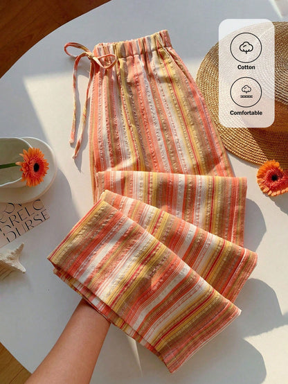 Comfortcana Women's Drawstring Waist Red Stripe Wide Leg Pants,Autumn Boho Conservative Beach Vacation Holiday Comfortable Casual Trousers
