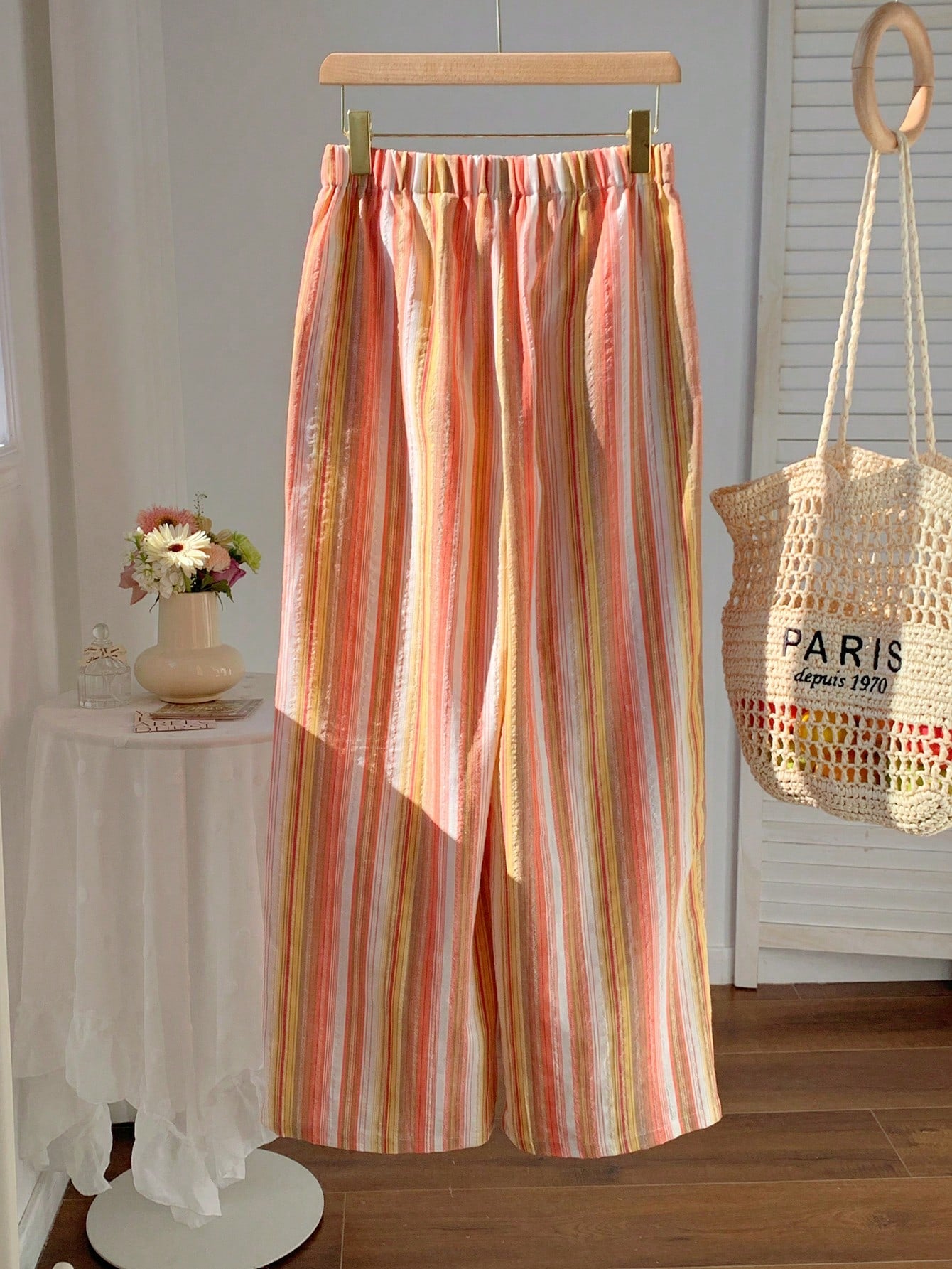 Comfortcana Women's Drawstring Waist Red Stripe Wide Leg Pants,Autumn Boho Conservative Beach Vacation Holiday Comfortable Casual Trousers